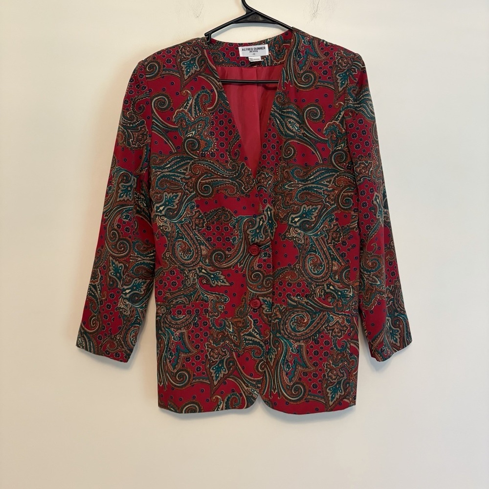 Alfred Dunner Petite Sz 8 Red Green Paisley Blazer Artsy Festive Career Work